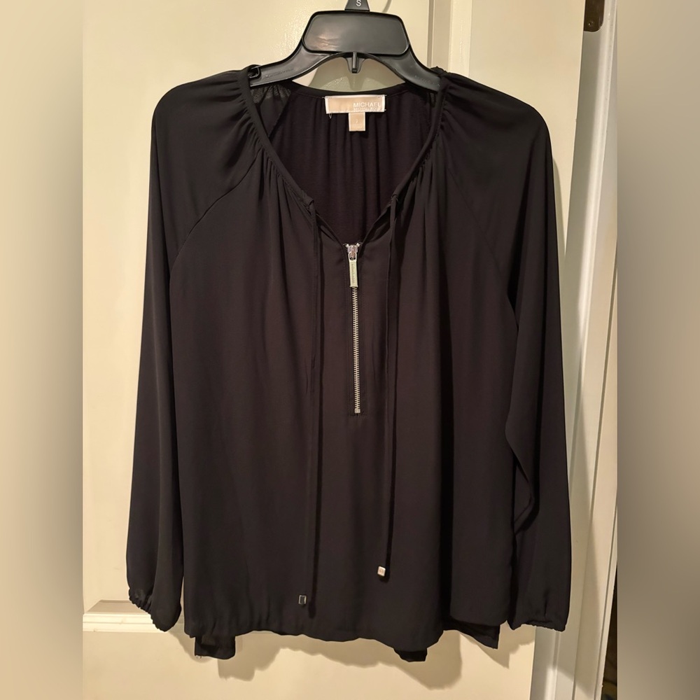 Michael Kors Zip Front Blouse Black Drawstring Hem Long Sleeve Size 2